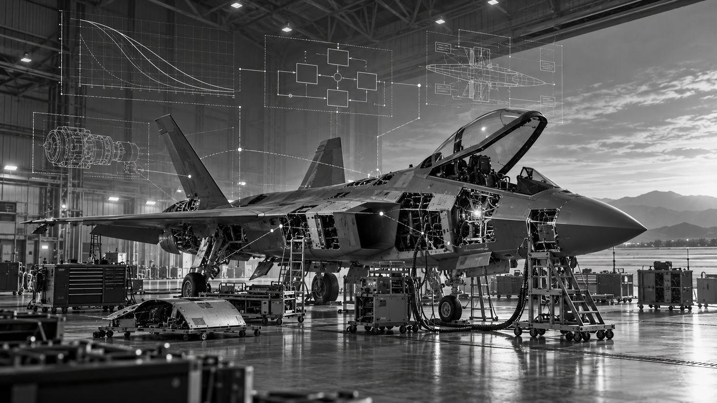A monochrome military aircraft undergoing maintenance in a hangar, with subtle engineering and reliability overlays contrasting predicted performance with real-world maintenance complexity. The image represents how operational availability depends not only on reliability, but also on accessibility, diagnostics, supportability and the ability to restore capability quickly.